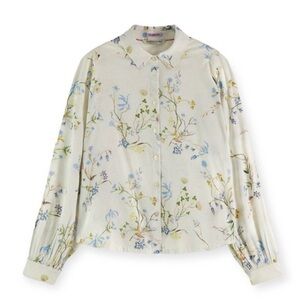 Scotch & Soda Women Cream Blue Floral Printed Balloon Sleeve Blouse